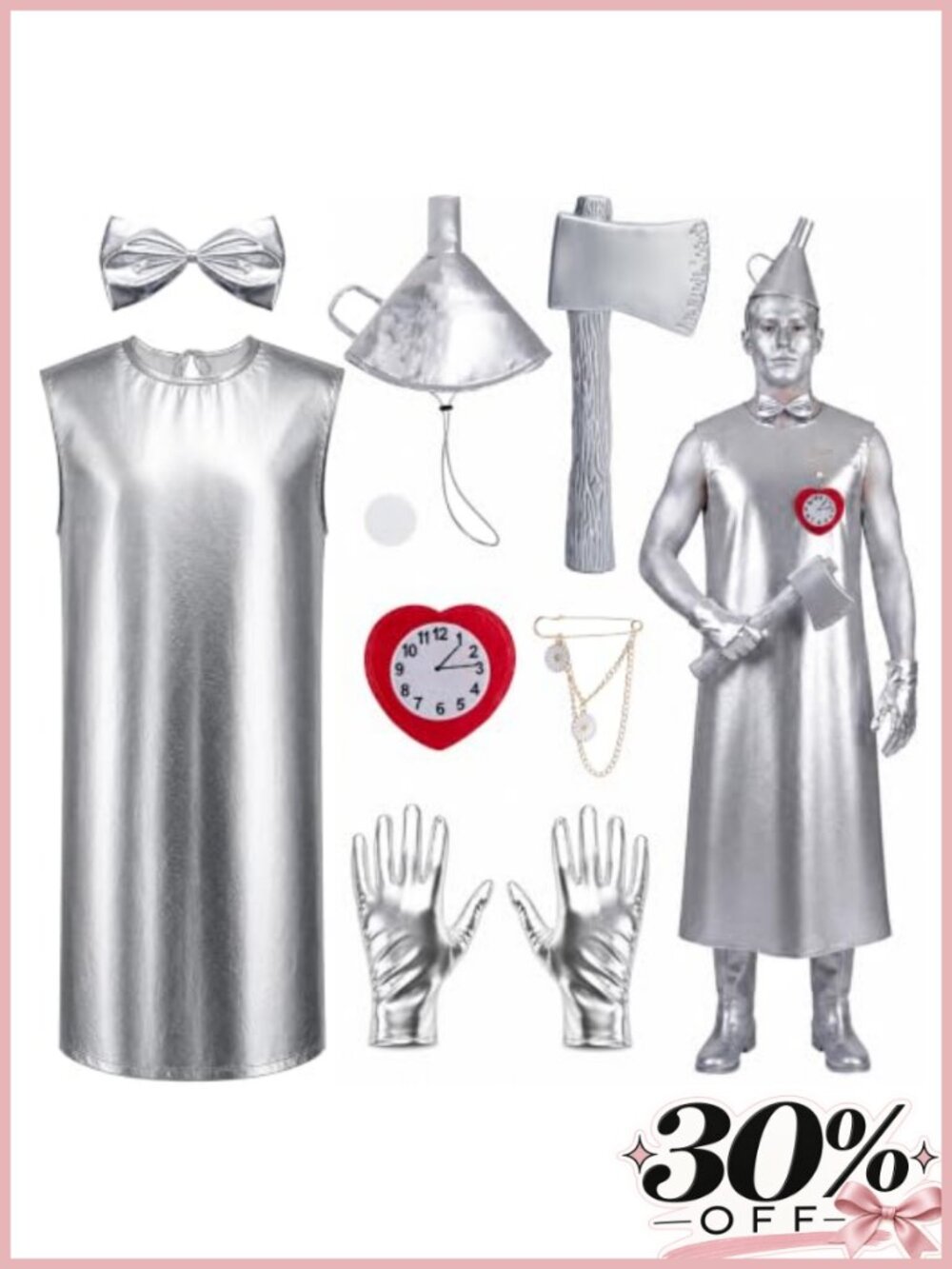 Halloween Tin Man Costume Set Metallic Robe Hat Axe Cosplay Accessories